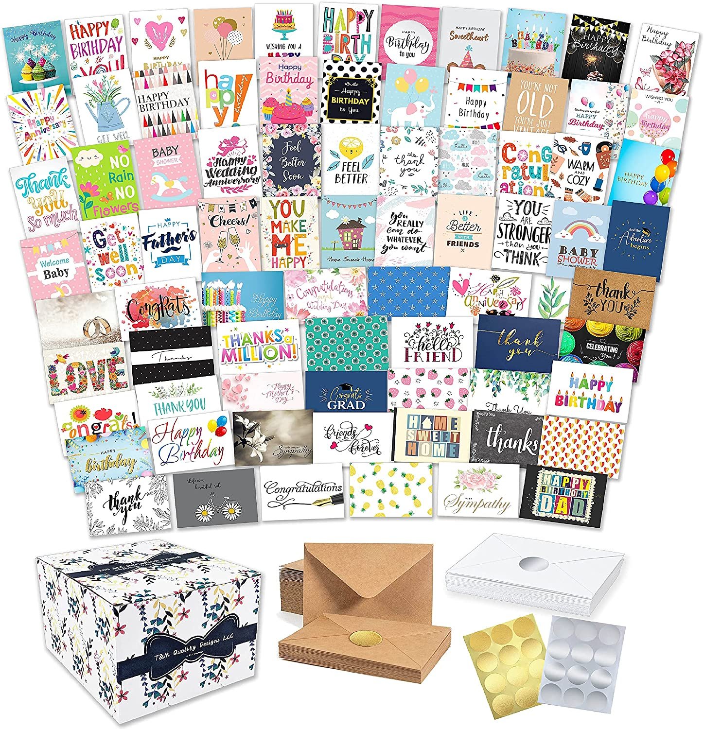 100 All Occasion Cards Assortment Box with Envelopes and Stickers - Large  5x7 Inch Bulk Blank Inside Greeting Notes, 100 Unique Designs in a Sturdy  Card Organizer Box — T&M Quality Designs